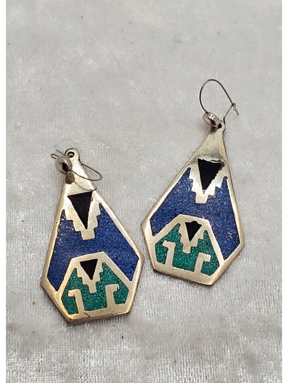 Vintage Alpaca Mexico Earrings Blue Green Inlay Geometric Dangle Earrings